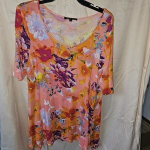 Cable & Gauge Floral Scoop Neck Tunic - Coral Pink Multi